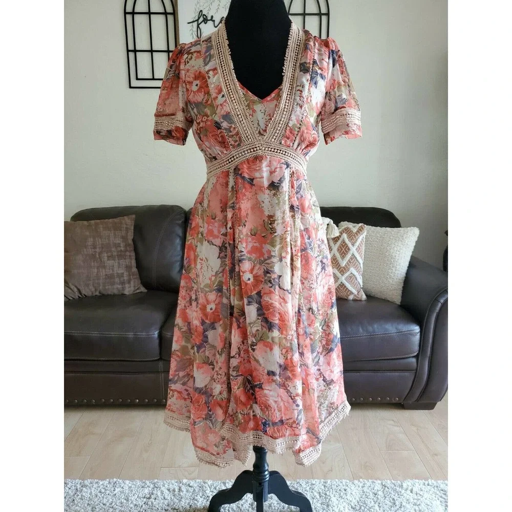 Ranna Gill Anthropologie Women's Rose Bouquet Crochet Floral Midi Dress Size 6 - Picture 3 of 12